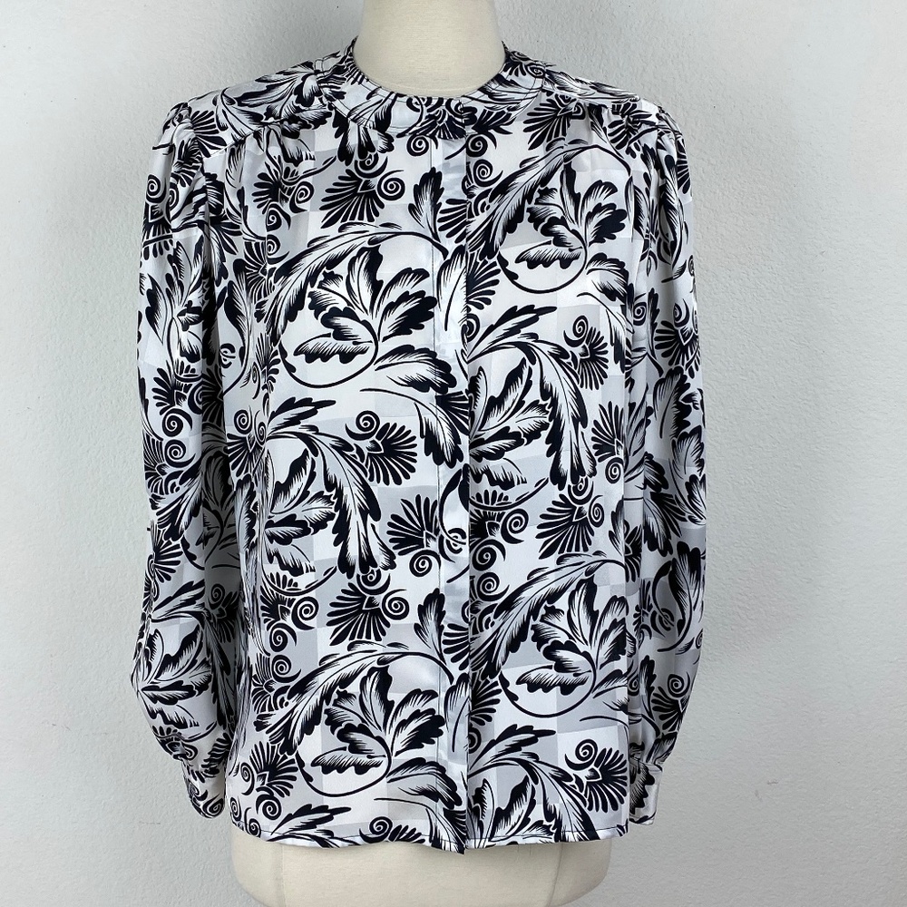 Vintage 90s Lloyd Williams Floral Blouse Size 6 Slinky Black White Long Sleeve